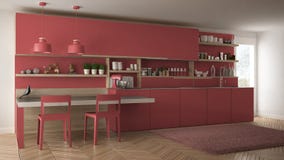 Minimalist modern kitchen with wooden details, table and chairs, Stock Photo Minimalist modern kitchen with wooden details, table and chairs, Stock Photo