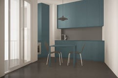 Minimalist modernt kök med det stora fönstret och äta middagtabellen med design för stol-, grå färg- och blåttarkitekturinre arkivbilder Minimalist modernt kök med det stora fönstret och äta middagtabellen med design för stol-, grå färg- och blåttarkitekturinre arkivbilder
