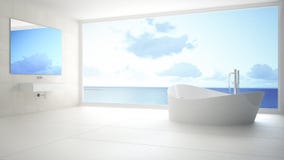 Minimalist White And Gray Bathroom With Big Panoramic Window, Summer Beach In The Background Royalty Free Stock Images Minimalist White And Gray Bathroom With Big Panoramic Window, Summer Beach In The Background Royalty Free Stock Images