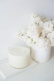 Minimalist white home decor, fresh lilac flowers bouquet in vase Stock Images Minimalist white home decor, fresh lilac flowers bouquet in vase Stock Images