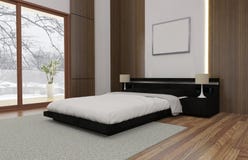 Minimalista i scandinavian Projektujemy z wygodnym sypialni wnętrzem i 3d odpłacają się royalty ilustracja Minimalista i scandinavian Projektujemy z wygodnym sypialni wnętrzem i 3d odpłacają się royalty ilustracja