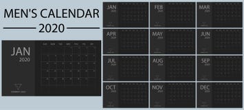 Minimalistic e vettore 2020 del calendario degli uomini puliti, semplici ed alla moda del nuovo anno Il nero e tonalità di grigio royalty illustrazione gratis Minimalistic e vettore 2020 del calendario degli uomini puliti, semplici ed alla moda del nuovo anno Il nero e tonalità di grigio royalty illustrazione gratis