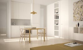 Minimalistische moderne heldere keuken met eettafel en stoelen, grote vensters, wit en geel architectuur binnenlands ontwerp stock afbeeldingen Minimalistische moderne heldere keuken met eettafel en stoelen, grote vensters, wit en geel architectuur binnenlands ontwerp stock afbeeldingen