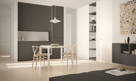 Minimalistische moderne heldere keuken met eettafel en stoelen, grote vensters, wit en grijs architectuur binnenlands ontwerp stock illustratie Minimalistische moderne heldere keuken met eettafel en stoelen, grote vensters, wit en grijs architectuur binnenlands ontwerp stock illustratie