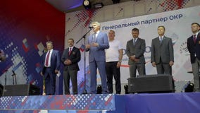 Misk, Belarus - June 21, 2019 The Minister of Sports of the Russian Federation cuts the red ribbon and opens Games