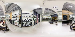 MINSK, BELARUS - DECEMBER 3, 2013: full 360 degree panorama in equirectangular spherical projection in shop of stylish shoes, VR