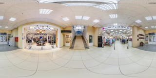 MINSK, BELARUS - MAY 2018: Full spherical seamless panorama 360 degrees in interior of shop with shelves fabrics in elite textiles royalty free stock photo MINSK, BELARUS - MAY 2018: Full spherical seamless panorama 360 degrees in interior of shop with shelves fabrics in elite textiles royalty free stock photo