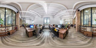 MINSK, BELARUS - OCTOBER,  2019: full seamless spherical hdri panorama 360 in  interior work room in modern coworking office with