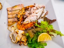 Mischplatte von gegrillten Fischen lizenzfreie stockfotos Mischplatte von gegrillten Fischen lizenzfreie stockfotos