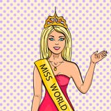Miss the world of beauty. The girl, the winner of the contest of models. Vector, pop art. The imitation of the comic stock illustration Miss the world of beauty. The girl, the winner of the contest of models. Vector, pop art. The imitation of the comic stock illustration