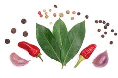 Mix of garlic, hot pepper, peppercorn and laurel leaf isolated on white background. Top view Royalty Free Stock Photography Mix of garlic, hot pepper, peppercorn and laurel leaf isolated on white background. Top view Royalty Free Stock Photography