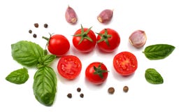 mix of slice of tomato, basil leaf, garlic and spices isolated on white background. top view stock photo mix of slice of tomato, basil leaf, garlic and spices isolated on white background. top view stock photo