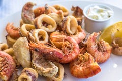 Mixed Deep-fried Fish, Shrimp And Squid Platter Royalty Free Stock Images Mixed Deep-fried Fish, Shrimp And Squid Platter Royalty Free Stock Images