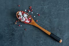 Mixture of peppers and a major white where sea salt in a wooden spoon. Dark background Copy space royalty free stock photos Mixture of peppers and a major white where sea salt in a wooden spoon. Dark background Copy space royalty free stock photos