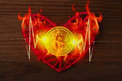 Miłość bitcoins Menniczy Bitcoin kłama na czerwonym sercu w płomieniu ogień obrazy stock Miłość bitcoins Menniczy Bitcoin kłama na czerwonym sercu w płomieniu ogień obrazy stock