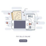 Mobiel betalingsconcept Online loonsrekeningen Gebruikend een mobiele telefoon aan bank en online winkel stock illustratie Mobiel betalingsconcept Online loonsrekeningen Gebruikend een mobiele telefoon aan bank en online winkel stock illustratie