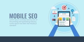 Mobiele seo - zoekmachineoptimalisering voor digitale apparaten De vlakke banner van ontwerpseo stock illustratie Mobiele seo - zoekmachineoptimalisering voor digitale apparaten De vlakke banner van ontwerpseo stock illustratie