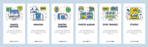 Mobile app onboarding screens. Photography studio, photo editing, digital camera, printer and album. Menu vector banner vector illustration Mobile app onboarding screens. Photography studio, photo editing, digital camera, printer and album. Menu vector banner vector illustration
