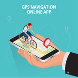 Mobile GPS navigation, travel and tourism concept. View a map on the mobile phone on bike and search GPS coordinates royalty free illustration Mobile GPS navigation, travel and tourism concept. View a map on the mobile phone on bike and search GPS coordinates royalty free illustration