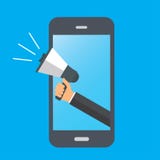 Mobile notification message vector concept, smartphone with hand hold speaker gramophone isolated on gray background royalty free illustration Mobile notification message vector concept, smartphone with hand hold speaker gramophone isolated on gray background royalty free illustration