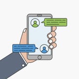 Mobile phone chat message. Hand with smartphone stock illustration Mobile phone chat message. Hand with smartphone stock illustration