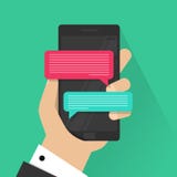 Mobile phone chat message notifications vector isolated on color background, hand with smartphone and chatting bubble vector illustration Mobile phone chat message notifications vector isolated on color background, hand with smartphone and chatting bubble vector illustration
