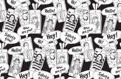 Mobile phones communication people black and white seamless pattern. vector illustration Mobile phones communication people black and white seamless pattern. vector illustration