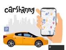Mobilny miasto transportu pojęcie, Online samochodowy udzielenie z męskim ręki mienia smartphone Mapa miasto z znakami ilustracji Mobilny miasto transportu pojęcie, Online samochodowy udzielenie z męskim ręki mienia smartphone Mapa miasto z znakami ilustracji