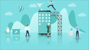 Mobilny Podaniowego rozwoju pojęcie z Dużymi karłami i telefonem Doświadczona praca zespołowa i współpraca używalny ilustracja wektor Mobilny Podaniowego rozwoju pojęcie z Dużymi karłami i telefonem Doświadczona praca zespołowa i współpraca używalny ilustracja wektor