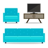 Mobília, sofá e poltrona home interiores com a tevê para a sala ilustração royalty free Mobília, sofá e poltrona home interiores com a tevê para a sala ilustração royalty free
