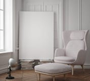 Mock up blank poster on the wall of hipster living room, 3D rendering stock illustration Mock up blank poster on the wall of hipster living room, 3D rendering stock illustration