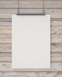Mock up blank white hanging poster on horizontal wooden planks wall, background