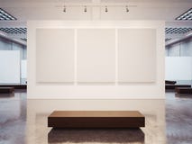 Mock up of empty gallery interior with brown bench