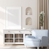 Mock up frame in bedroom interior, marine room with sea decor and furniture, Coastal style