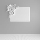 Mock up photo frame in modern interior. Paper flowers and leaves bouquet wall decoration. 3d render. Cosy room with empty poster stock illustration Mock up photo frame in modern interior. Paper flowers and leaves bouquet wall decoration. 3d render. Cosy room with empty poster stock illustration