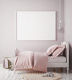 Mock up poster frame in baby girl room, scandinavian style interior background