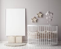 Mock up poster frame in children room with christamas decoration, scandinavian style interior background,