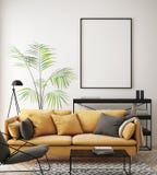 Mock up poster frame in hipster interior background, living room, Scandinavian style, 3D render, 3D illustration