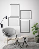 Mock up poster frame in hipster interior background, Scandinavian style, 3D render Stock Image Mock up poster frame in hipster interior background, Scandinavian style, 3D render Stock Image