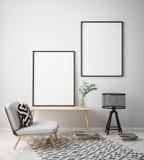 Mock up poster frame in hipster interior background, Scandinavian style, 3D render vector illustration Mock up poster frame in hipster interior background, Scandinavian style, 3D render vector illustration
