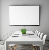Mock up projection screen in meeting room with conference table, hipster interior background,