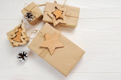 Mockup Christmas Boxes Gift With Tag And Place For Your Text On A White Wooden Background. Flat Lay, Top View Photo Mock Royalty Free Stock Photos