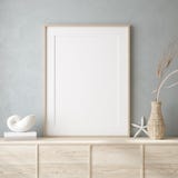 Mockup frame close up in coastal style home interior background