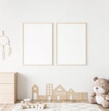 Mockup frame in minimal unisex child bedroom with natural wooden furniture