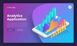 Mockup landing page website isometric design concept mobile application analytics tools. Vector illustrations. stock illustration Mockup landing page website isometric design concept mobile application analytics tools. Vector illustrations. stock illustration
