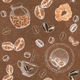 Mod?le sans couture avec l'image des grains de caf?, caf?, emballage, pots, plats Croquis, graphiques pour la conception de illustration de vecteur Mod?le sans couture avec l'image des grains de caf?, caf?, emballage, pots, plats Croquis, graphiques pour la conception de illustration de vecteur