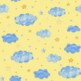 Mod?le sans couture avec les nuages bleus et les ?toiles jaunes, fond de b?b? illustration de vecteur Mod?le sans couture avec les nuages bleus et les ?toiles jaunes, fond de b?b? illustration de vecteur