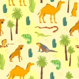 Mod?le sans couture plat de vecteur avec les animaux tir?s par la main de d?sert, reptiles, cactus, palmiers d'isolement sur le f illustration libre de droits Mod?le sans couture plat de vecteur avec les animaux tir?s par la main de d?sert, reptiles, cactus, palmiers d'isolement sur le f illustration libre de droits