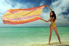 Model w żółtym bikini mienia pareo zdjęcie royalty free Model w żółtym bikini mienia pareo zdjęcie royalty free