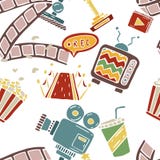 Modell för bio för tecknad filmklotter hand dragen sömlös royaltyfri illustrationer Modell för bio för tecknad filmklotter hand dragen sömlös royaltyfri illustrationer